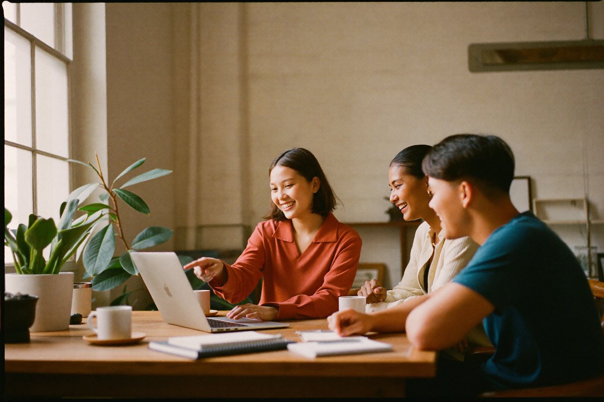 Trois personnes travaillent ensemble autour d’un ordinateur portable, souriantes.